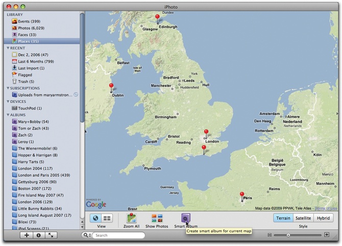 To make a smart album based multiple locations, zoom the map until it shows all the pinned places you want to include. Click the Smart Album button at the bottom of the window to make a self-updating album that includes photos tagged from all these places. It appears in the Source list under an unwieldy name like “United Kingdom, France and more” but you can click to rename it something a little catchier, like “Europe.”