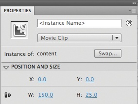 Movie clip instance properties in the Properties panel