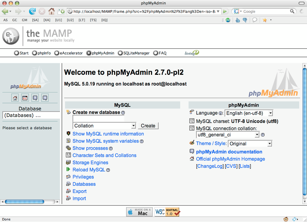 The Mac OS X phpMyAdmin main screen