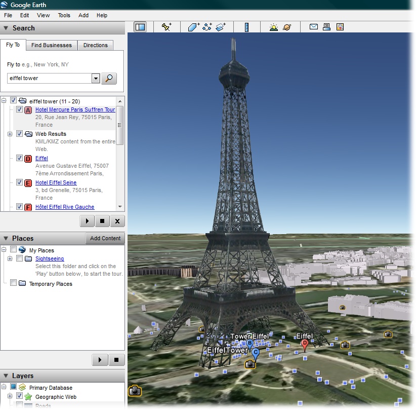 SketchUp drawings can be quick and simple or extremely detailed. This model of the Eiffel Tower is actually a fairly simple model with an image applied to give it detail. This image is from Google Earth, and you can find the model in the Google 3D Warehouse.