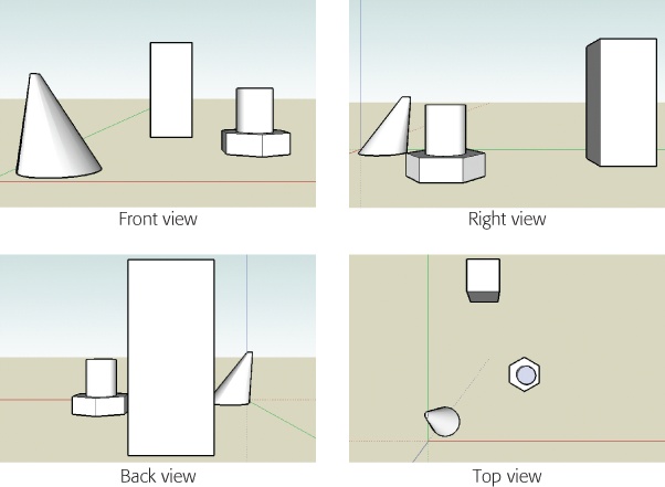 In SketchUp, when you change from front view to side view or back view, the relationships between objects seem to change. Even an action as simple as zooming in can hide a previously visible object from your view.
