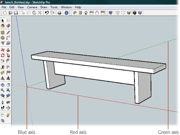 The steps in this chapter describe how to build this simple bench in SketchUp. Three colored axes help you keep your orientation in the workspace. In this image the red axis in front of the bench runs from left to right. The blue axis runs up and down. The green axis runs from the front of the image to the back.