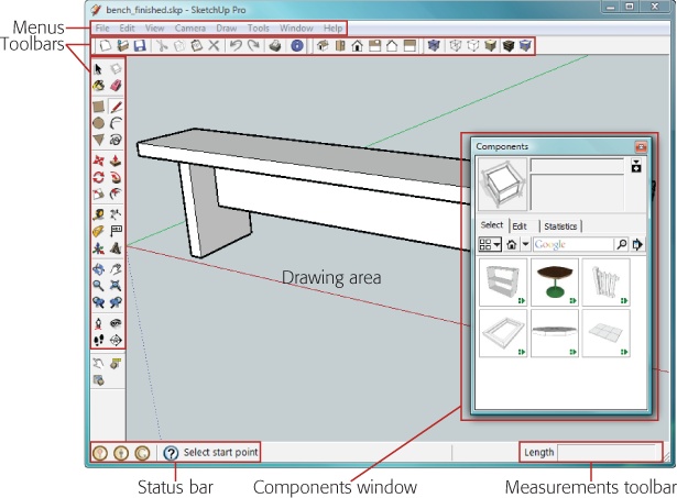 The SketchUp workspace has five main areas. SketchUp also has a number of windows that you open from the Window menu. Like the Components window shown here (and described fully on ), these windows give you access to additional tools, settings, and prebuilt models from the Taj Mahal to a kitchen sink.