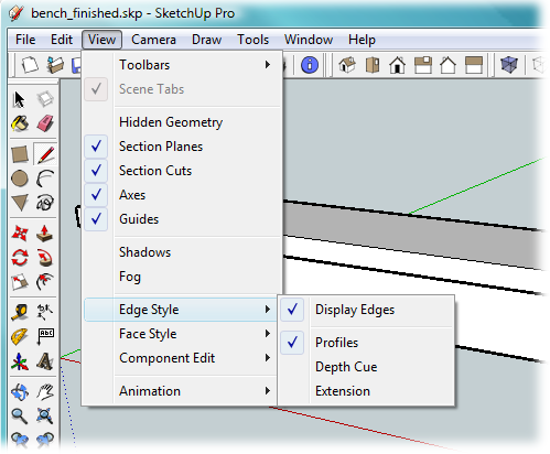 The View menu controls what items are visible or hidden in the SketchUp drawing area. Items with checkmarks are visible. To hide an item that’s checked, just click the item in the menu.