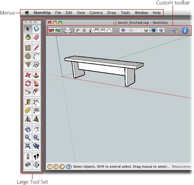 With its special toolbar area above the drawing area, the Mac version of SketchUp looks a little like Finder or other Mac document windows. Customizing your Mac toolbars is as easy as dragging.