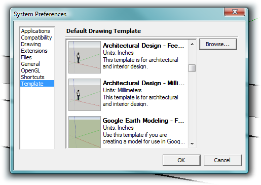 Use the System Preferences window (SketchUp Preferences on Mac) to choose a drawing template that gives you a head start on the type of projects you do most often. Templates come with specific units of measurement, and they can even include predrawn models. You’ll see more of the preferences when you choose file locations for components and materials.