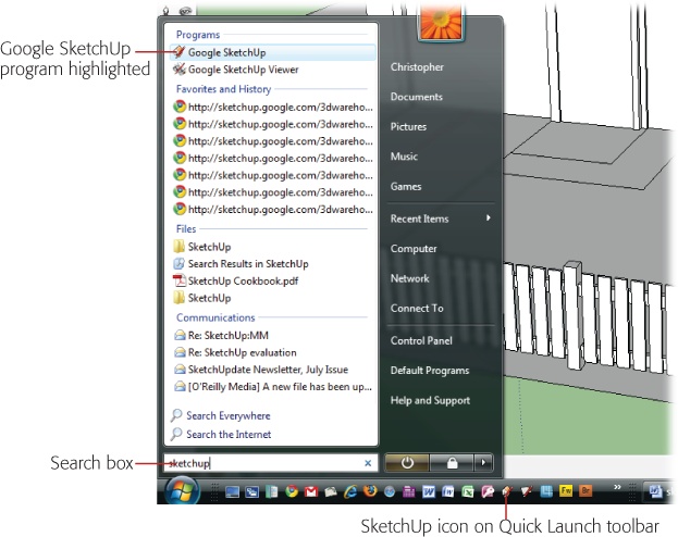 To run two copies of the SketchUp program at the same time, start your second copy from the Windows Start menu or from the Quick Launch toolbar. With two copies running, you can open different SketchUp documents in each.