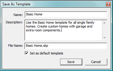 When you create a template, give it a name that will appear in the Preference → Templates view and give it a file name. A description is optional, but it's usually helpful for you and anyone else who uses the template. Turn on the "Set as default template" option if you want SketchUp to automatically use this template when you create new documents.