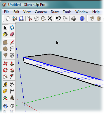 The Select tool looks like an arrow and lives at the top of the list of icons in the toolbar. In SketchUp you can select individual edges and faces. Selected edges show a blue highlight. Selected faces show a pattern of dots.
