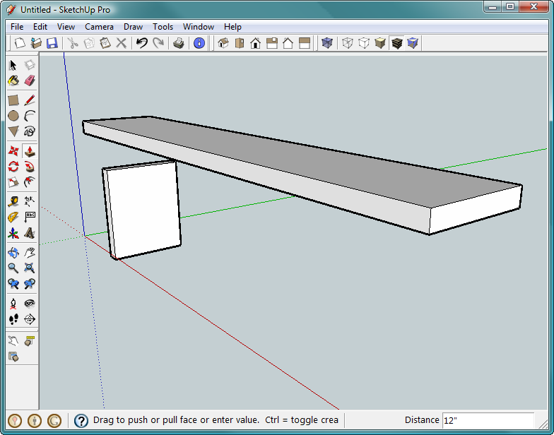 Your bench starts to take shape as you create more parts. Using the Iso view, the perspective gives you a better feeling for the dimensions of the bench seat (2 x 12 x 72 inches) and the bench leg (2 x 12 x 15 inches).