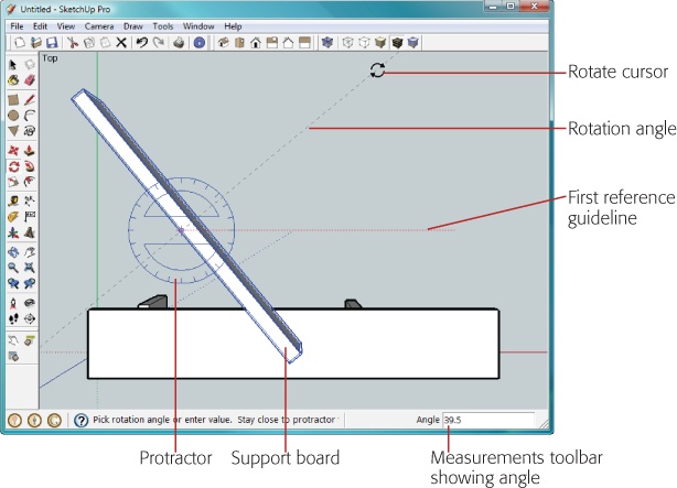 As you rotate an object, the protractor shows you the angle, and the Measurements toolbar translates it into degrees.