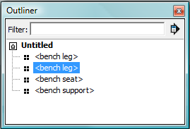 The Outliner window provides a list of the components in your drawing. When you select a component in the Outliner window, it’s also selected in the drawing area, and vice versa. Even though they form one bench, the four parts are actually individual components. You’ll combine them in the next section.