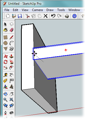 To center the bench leg on the bench support, select the midpoint on the bench leg, and then move it to the midpoint on the bench support. SketchUp’s snapping action signals when you have the cursor near a midpoint. When you pause with the cursor over a midpoint, a tooltip appears that reads “Midpoint in Component”.