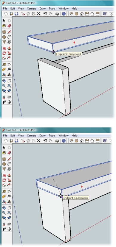 Move the corner (or “endpoint” in SketchUp-speak) of the bench seat to the corner of one the legs, and you line up the seat along two axes: the height (blue axis) and the depth (green axis).The last step (not shown here) is to center the bench seat over the legs by moving it in the direction of the red axis.