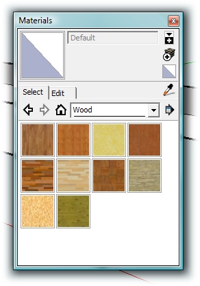 In the Materials window, you can apply and create materials to shade and color your models. Use the Select tab to choose and apply a material using the drop-down menu and sample palettes. Use the Edit tab to create new materials by adjusting existing materials.