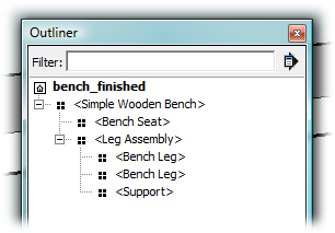 When you have components inside of components, the Outliner indents them to show you what’s going on. Here the Outliner shows that the Support component is inside the Leg Assembly component, which in turn is inside the Bench component.