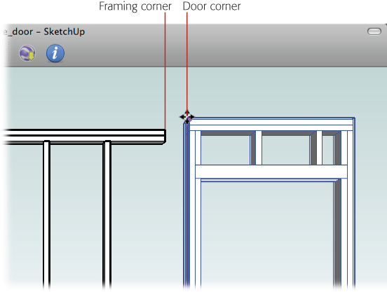 To fit this door precisely within the framing of the wall, click the door's corner endpoint, and then click the wall's corner endpoint. Using endpoints, midpoints, and inference lines, you can move and place objects with precision.