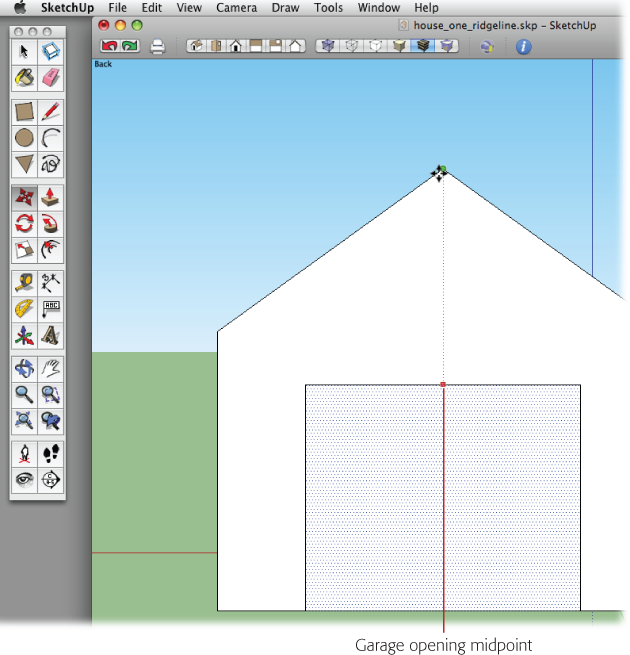 By using the Move (M) tool and an inference line, you can align elements like this garage door to other parts of your model, like the peak of the roof.