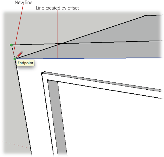 Draw a line on each end of the roof to connect the original edges with the new edges created by the Offset tool. Once the shape is enclosed, a new face appears between the edges.