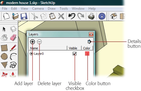 The Layers window is pretty simple compared with some of the others in SketchUp. Use the + and – buttons to add and remove layers. Use the Visible checkbox to hide or show the contents of a layer.