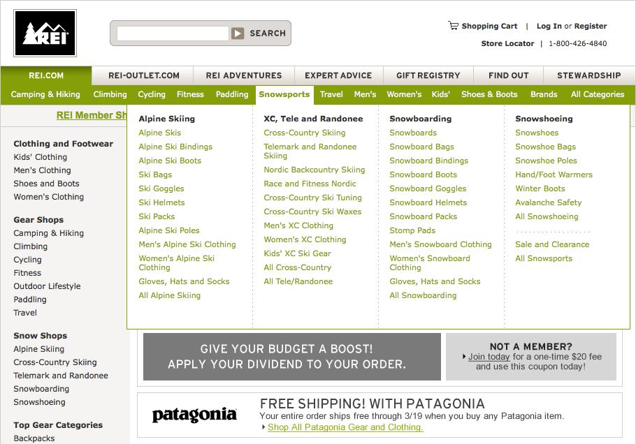 Visitors to REI.com have several ways to find a specific item, including a sidebar, specials, a top menu, and a search field