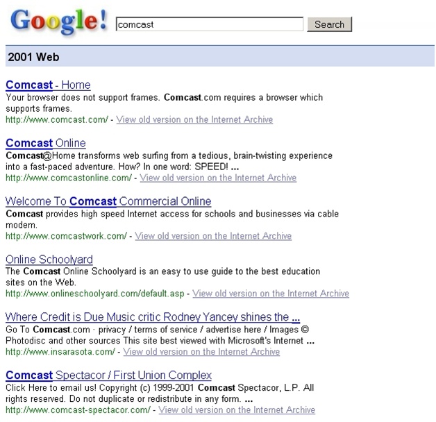 2001 Google search results for “Comcast”