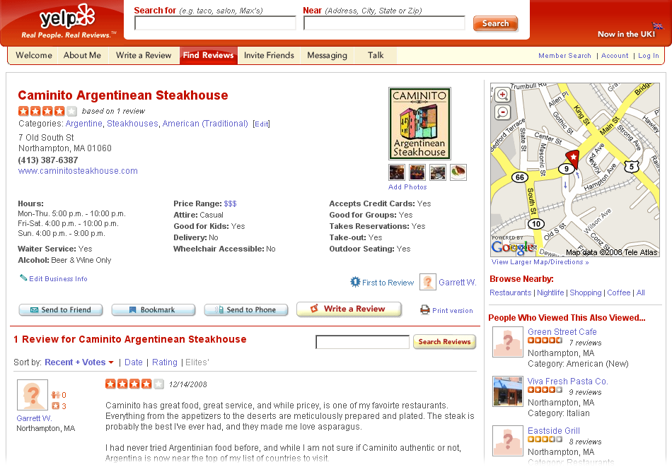 Caminito Argentinean Steakhouse’s Yelp profile