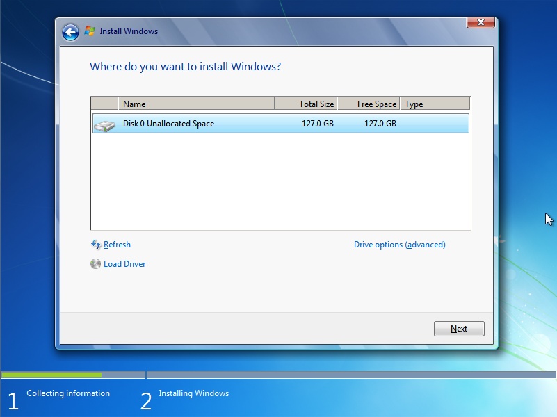 Selecting the disk for installing Windows 7