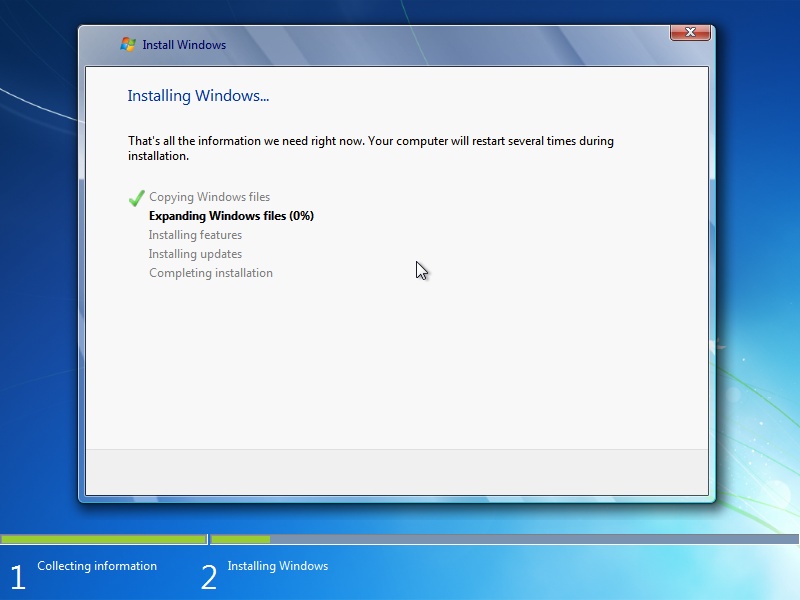 Windows 7 proceeding with the installation