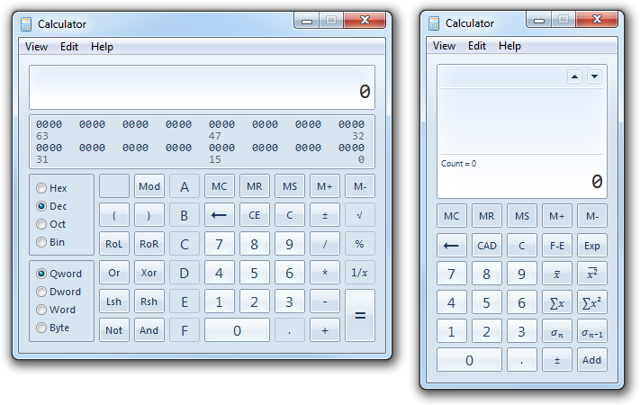 The Calculator in Programmer and Statistics modes