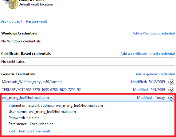 The credential for Hotmail is saved in the Credential Manager