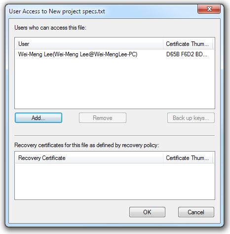 Viewing the user access list for the encrypted file