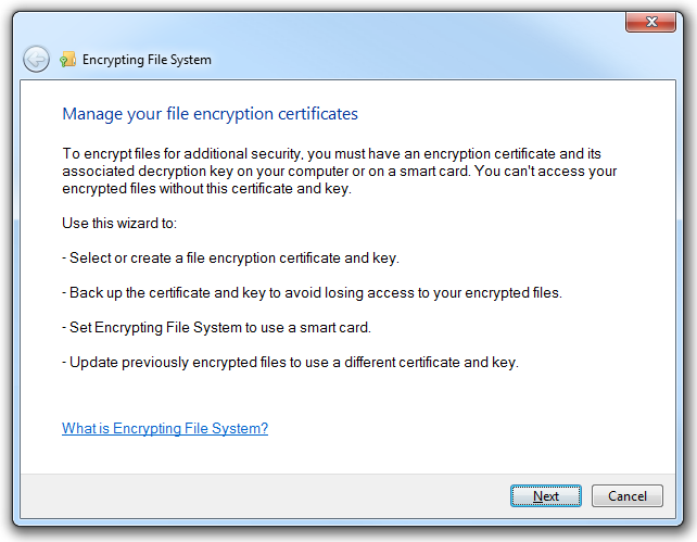 The Manage File Encryption Certificates application