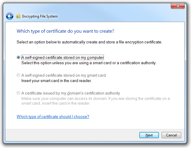 Selecting the type of certificate you want to create