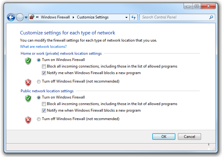 The customization page of Windows Firewall