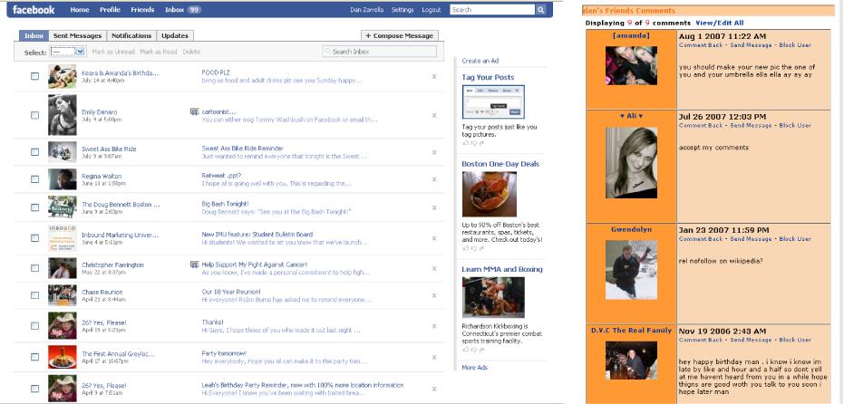 On the left is an example of a Facebook inbox; on the right, a MySpace inbox.