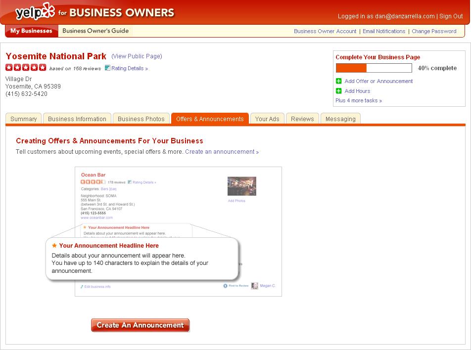 Yelp allows small business owners to post information about their business, including special offers and announcements.