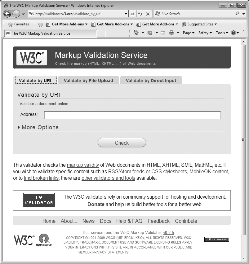 The W3C HTML validator located at lets you quickly make sure the HTML in a page is sound. You can point the validator to an already existing page on the Web, upload an HTML file from your computer, or just type or paste the HTML of a web page into a form box and then click the Check button.