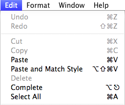 Keyboard shortcuts shown in the Edit menu