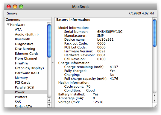 The Power section of System Profiler will tell you all about your battery