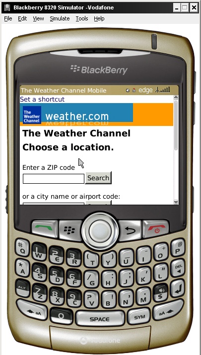 This BlackBerry simulator is pointer-based, so you need to use the onscreen keys or the arrow keys on your desktop keyboard to browse as a mobile user.