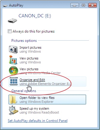 Adobe’s Photo Downloader is yet another program you get when you install Elements. Its job is to pull photos from your camera (or other storage device) into the Organizer. To use the Downloader, just click “Organize and Edit using Adobe Elements Organizer 8.0” (circled) in Windows Vista’s AutoPlay dialog box. (If you use Windows XP, you’ll see a dialog box with similar options.) After the Downloader does its thing, you end up in the Organizer.