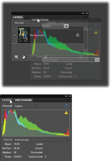 You can combine two or more panels once you’ve dragged them out of the bin.Top: The Histogram panel is being pulled into, and combined with, the Layers panel. To combine panels, drag one of them (by clicking on the panel’s name tab) and drop it onto the other panel.Bottom: To switch from one panel to another after they’re grouped, just click the tab of the one you want to use. To remove a panel from a group, simply drag it out of the group. If you want to return everything to how it looked when you first launched Elements, click Reset Panels (not visible here) at the top of your screen.