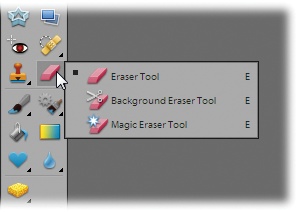 Like any good toolbox, Elements’ Tools panel has lots of hidden drawers tucked away in it. Many Elements tools are actually groups of tools, which are represented by tiny black triangles on the lower-right side of the tool’s icon (you can see several of these triangles here). Right-clicking or holding the mouse button down when you click the icon brings out the hidden subtools. The little black square next to the regular Eraser tool means it’s the active tool right now.