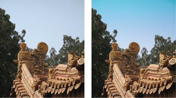 Blue Skies can help punch up the sky color in your photos—sometimes.Left: Smog makes the sky in this photo look really dull.Right: One quick drag across the sky with the “Make Dull Skies Blue” tool produces a much more vivid sky—maybe too vivid (and a tad green). Elements used a gradient (see ) to give a more realistic shading to the new sky color.
