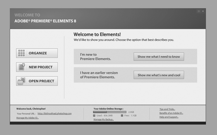 Premiere Elements’ splash screen offers help for new comers and links to Adobe web-based resources. There are only three buttons that actually lead to the Premiere Elements program.