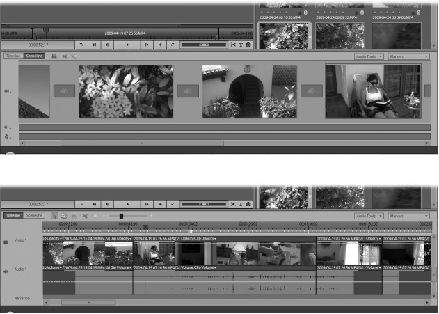 Top: Use the Sceneline panel to organize your video in broad strokes. Drop clips in the big boxes and drop transitions, like wipes and dissolves, in the small boxes.Bottom: Use the Timeline panel when you want to fine-tune the elements in your video. The timeline looks like a more traditional video-editing workspace.