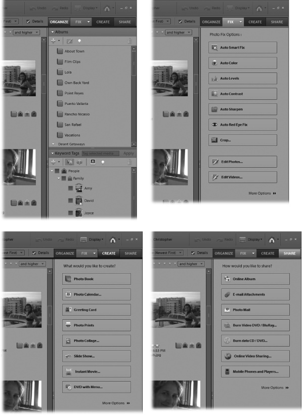 The Organizer’s Tasks panel takes on a different look depending on the tab you select. Clockwise from upper-left, they are: Organize (top left), Fix (top right), Create (bottom left), and Share (bottom right). You’ll use the Organize tab most often, to tag clips and collect them into albums.