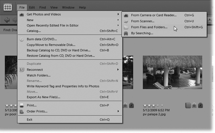Use the File menu to import media directly into the Organizer. You can import media from cameras, memory cards, or files and folders that reside on your computer.