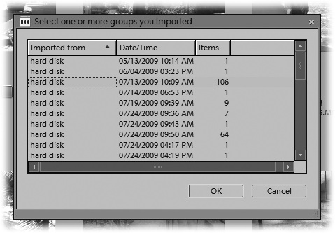 This handy window shows you the source of the media clips, the date and time you imported them, and how many clips you added to the catalog. Choose one of the dates, and the lightbox shows you the clips.